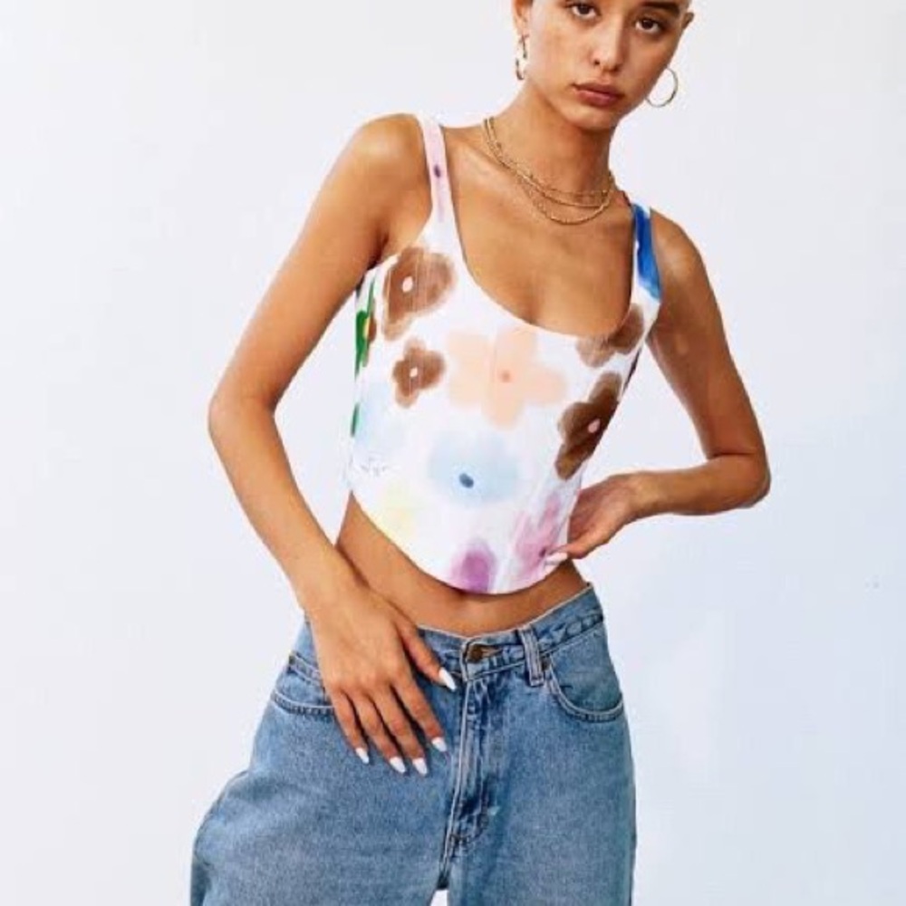 With Jean Floral Crop Tank in White with Multicolor Blooms
